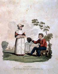 Barn på Royal Military Asylum, Chelsea, från "Costumes of the Army of the British Empire, according to the last regulations 1812", graverad av J.C. Stadler, utgiven av Colnaghi und Co. 1812-15.
